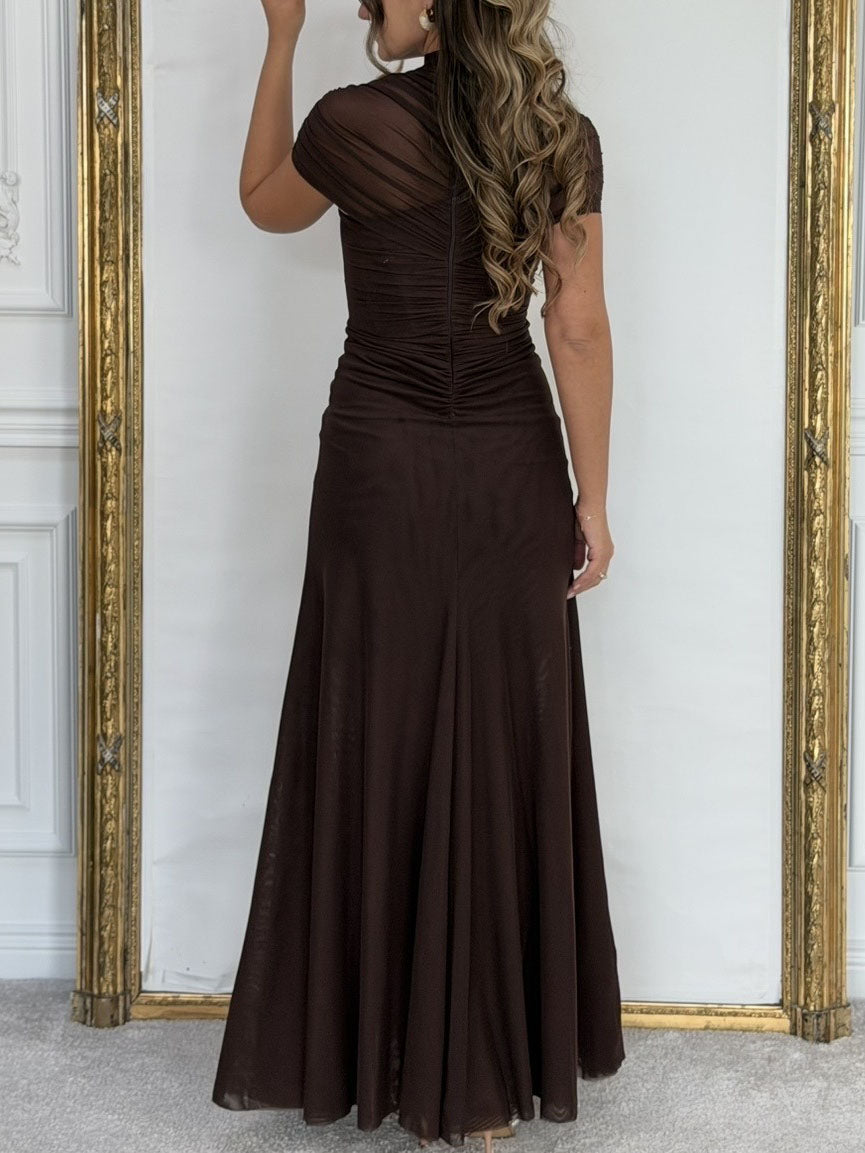 Mesh Geplooide Maxi Jurk met Korte Mouwen