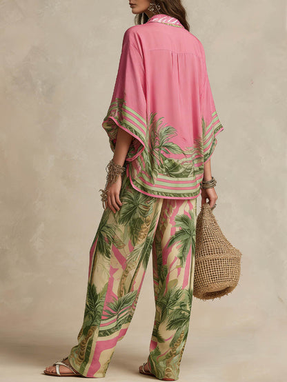 Bohemian Tropische Print Vloeiende Top & Brede Broek Twee-Delige Set