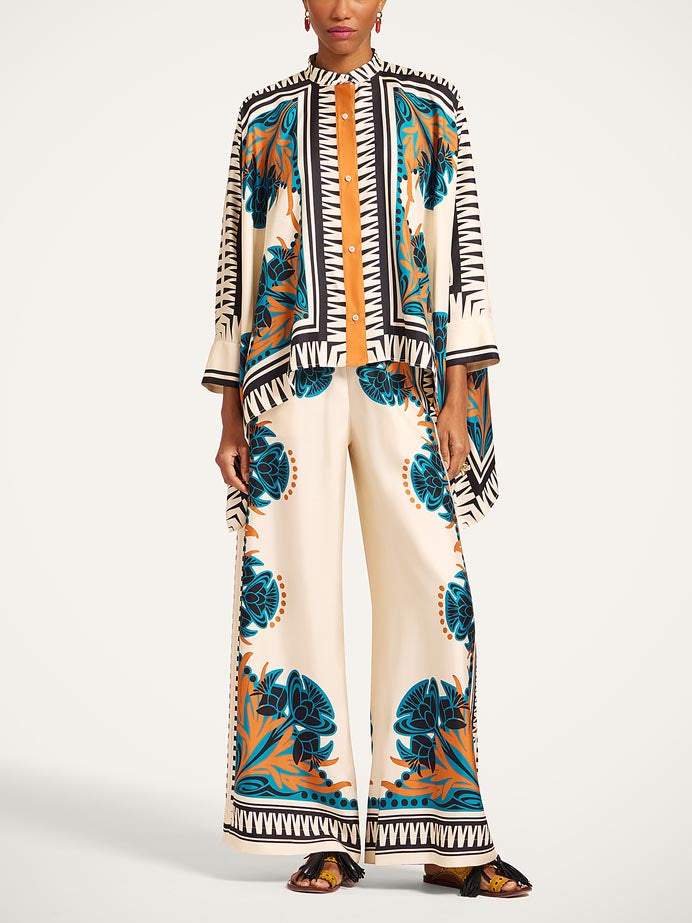 Exquise Satijnen Bloemenprint Shirt & Brede Pantalon Set