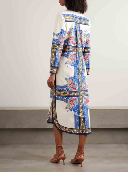 Elegante Boheemse Print Shirt Midi Jurk