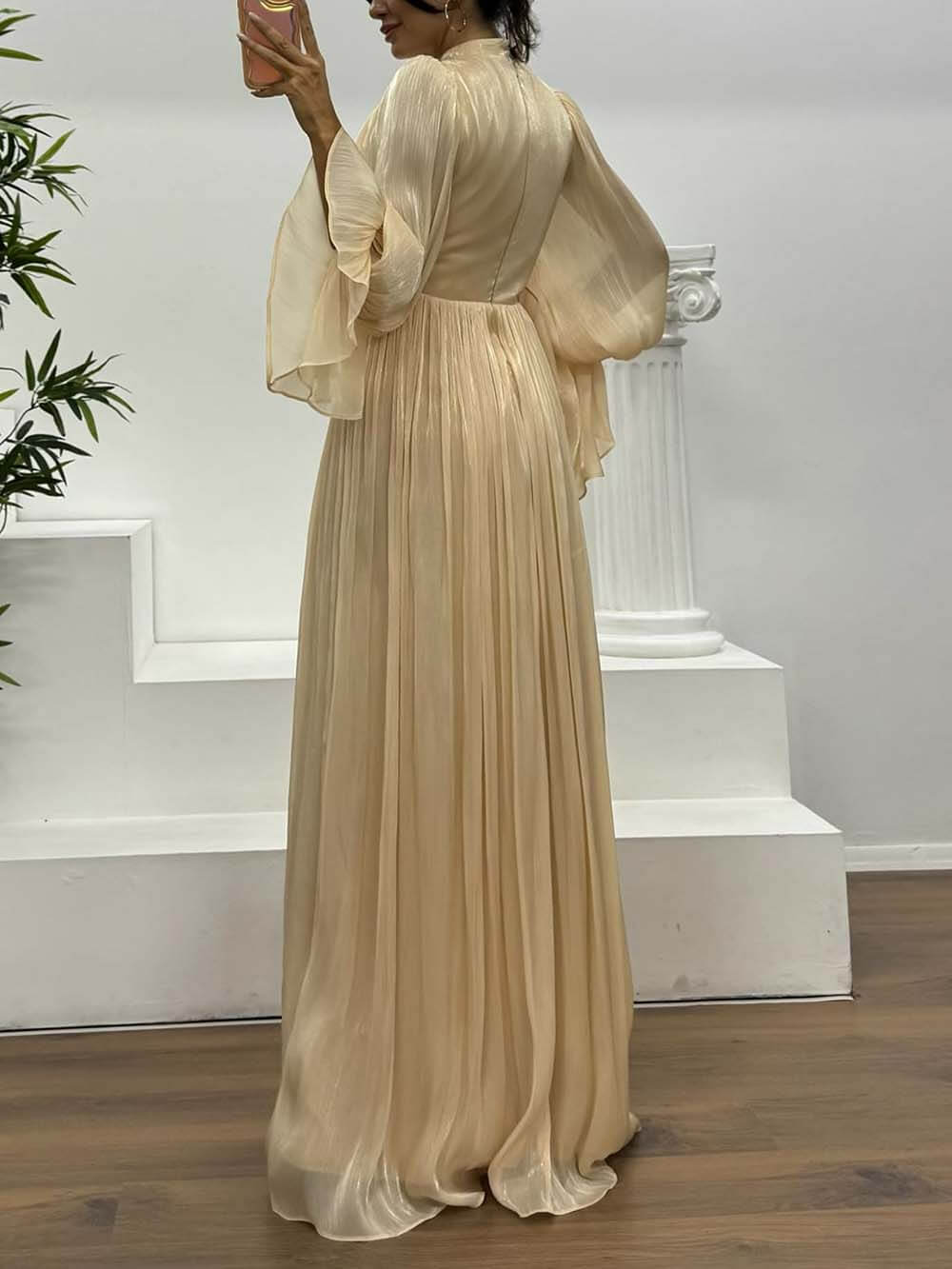 Modieuze Plissé Taille Lange Mouwen Chiffon Avond Maxi Jurk