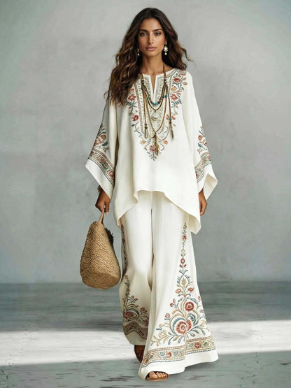Elegante Satin Bloemenprint Kaftan Top & Broek Twee-Delige Set