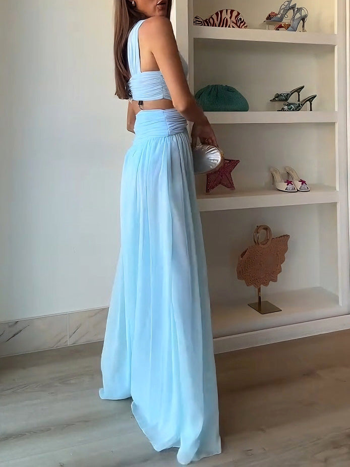 Elegante Halter Twist Front Cutout Plissé Maxi Jurk
