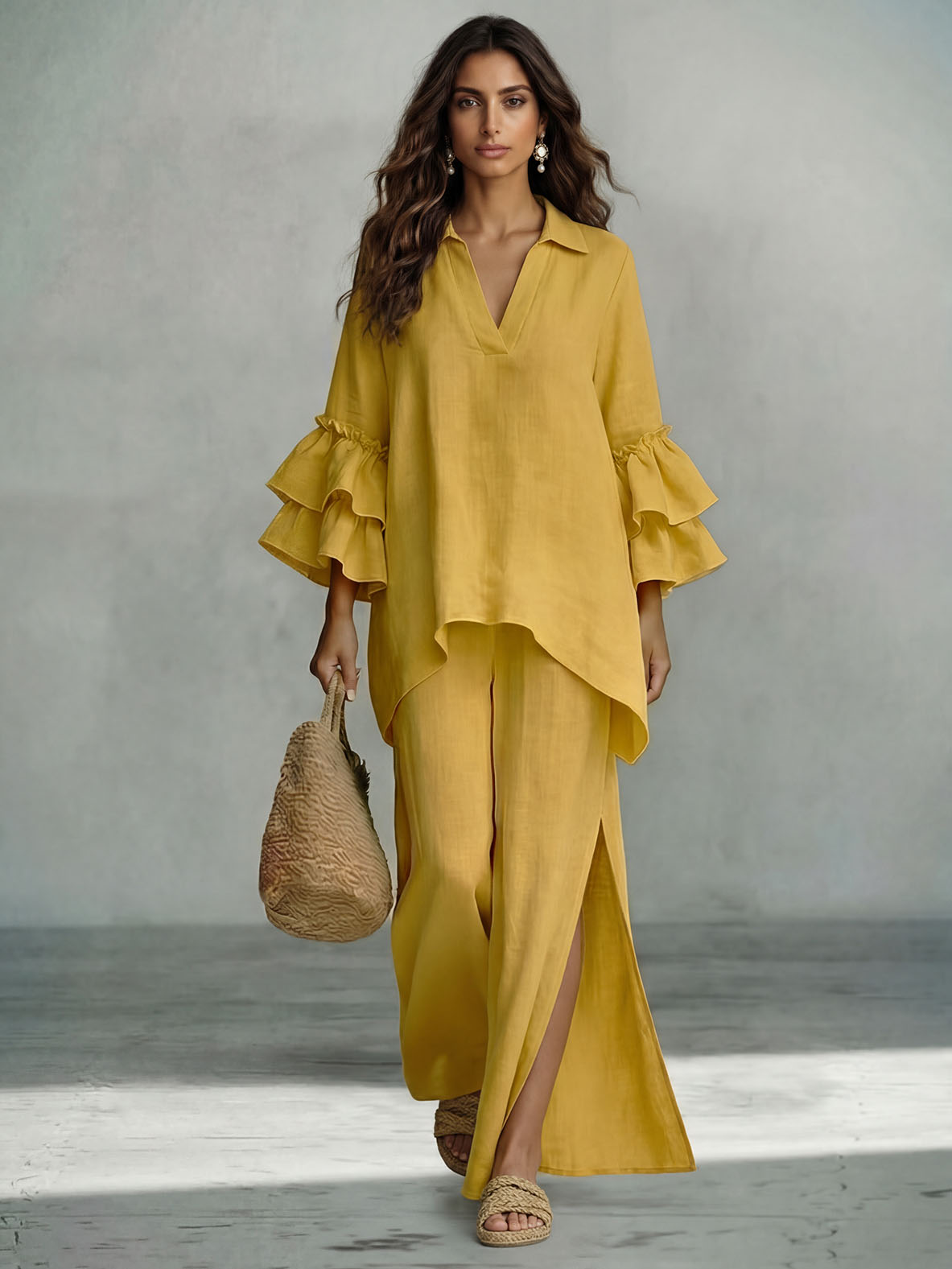 Casual Ruffle Mouw V-Hals Top & Hoge Taille Wijde Pantalon Set