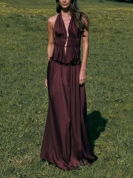 Sexy Gerimpelde Taille Cutout Satijnen Twee-delige Set