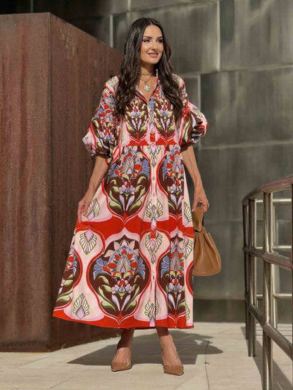 Exquise Bohemian Print Shirt-Stijl Midi Jurk