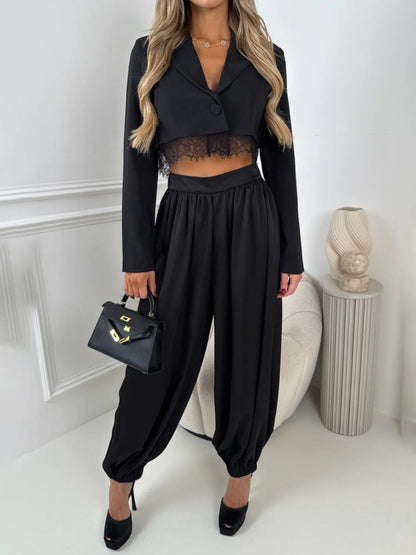 Elegante Cropped Blazer En Gedrapeerde Harem Broek Twee-Piece Set