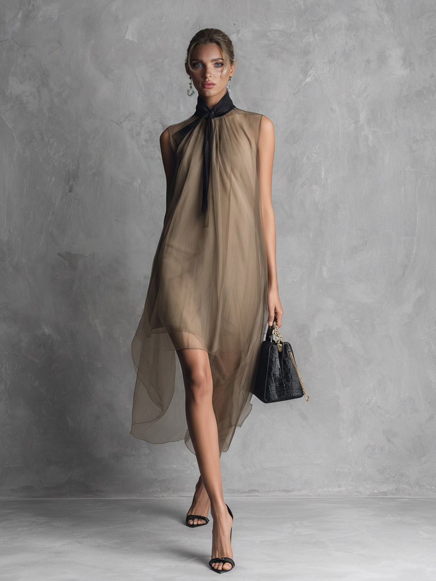 Elegante Mouwloze Asymmetrische Doorzichtige Chiffon Midi Jurk