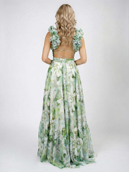 Elegante Lelieprint Tiered Ruffle Schouder Maxi Jurk
