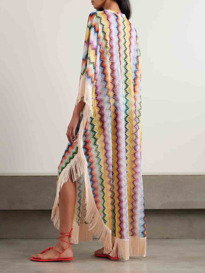Exquise Multicolor Chevron Franje Kaftan Maxi Jurk