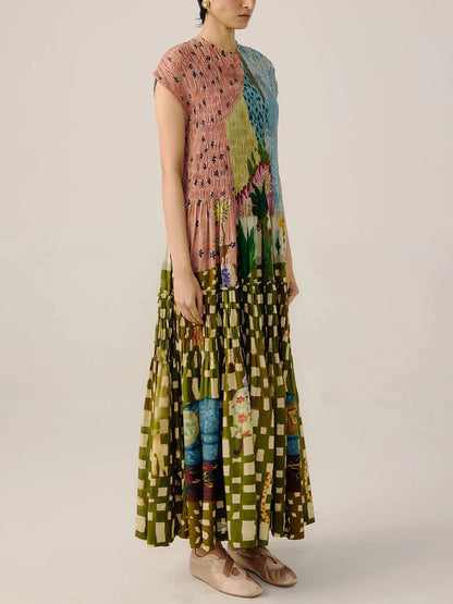 Retro Geplooide Print Maxi Jurk
