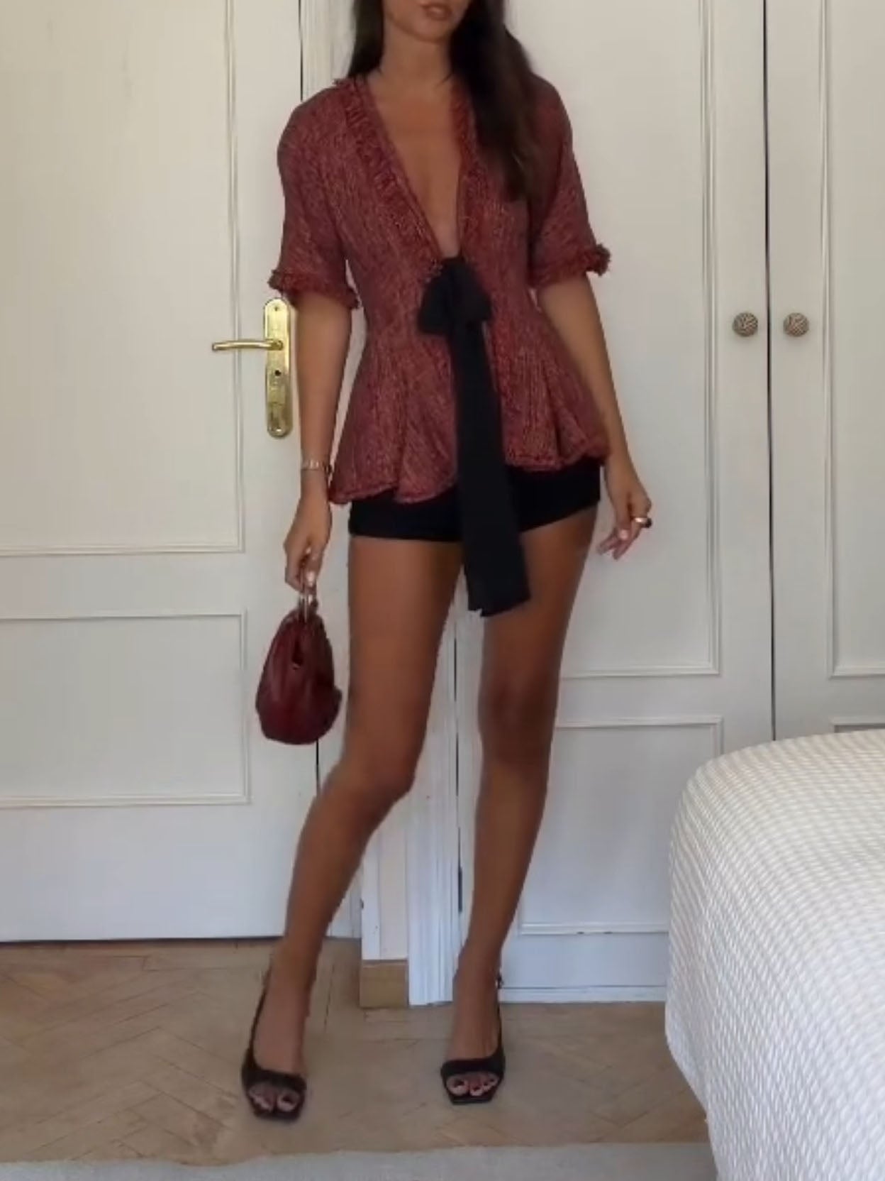 Tweed Peplum Top & Zwarte Shorts Twee-Delige Set