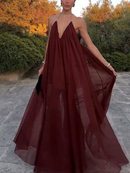 Elegante V-hals Chiffon Vloeiende Maxi Jurk