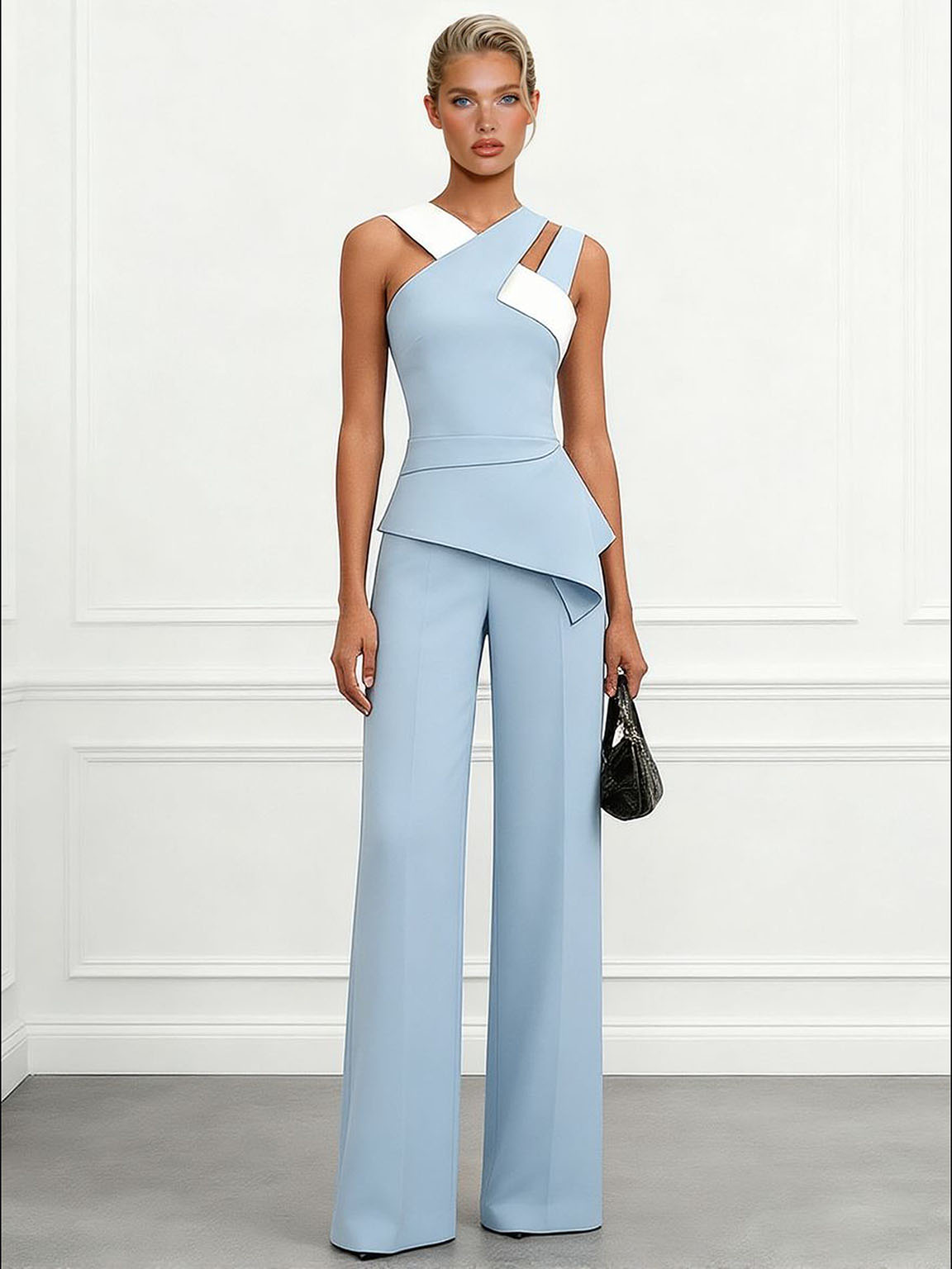 Elegante Kleurblok Asymmetrische Top & Wijde Broek Twee-Stuk Set