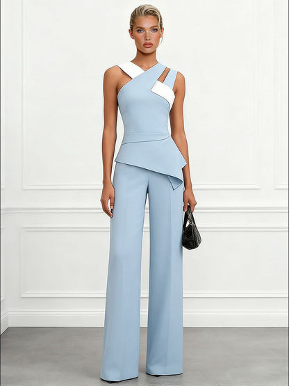 Elegante Kleurblok Asymmetrische Top & Wijde Broek Twee-Stuk Set