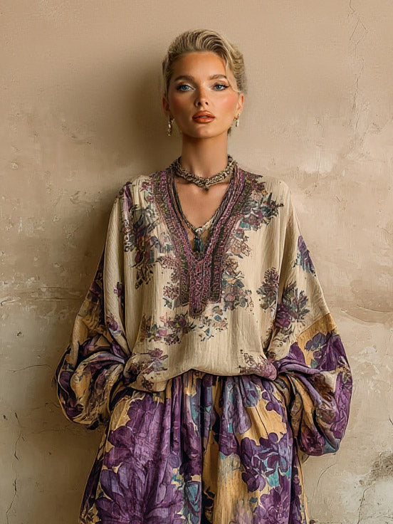 Retro Bloem Geborduurde Top & Wijde Broek Twee-Stuk Set
