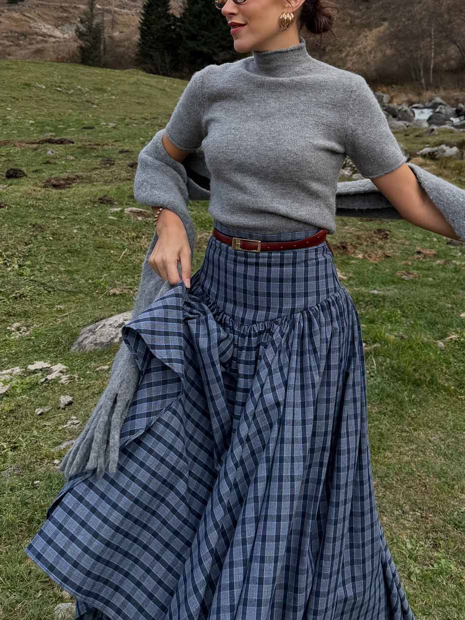 Retro Geruite Maxi Rok Twee-delige Set