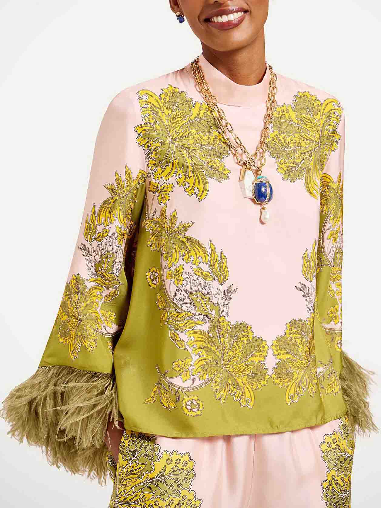 Exquise Bloemen Veren Trim Crop Top & Wijde Pantalon Twee-Delige Set