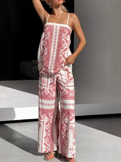 Moderne Unieke Bloemenprint Hoge Taille Pocket Wijde Pijpen Broek