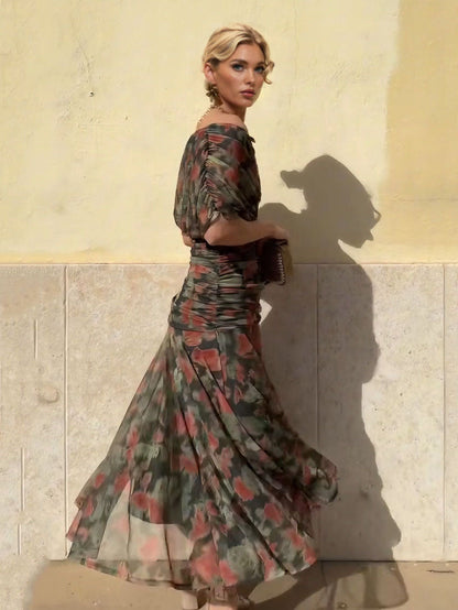 Elegante Mesh Aquarel Print Geplooide Maxi Jurk