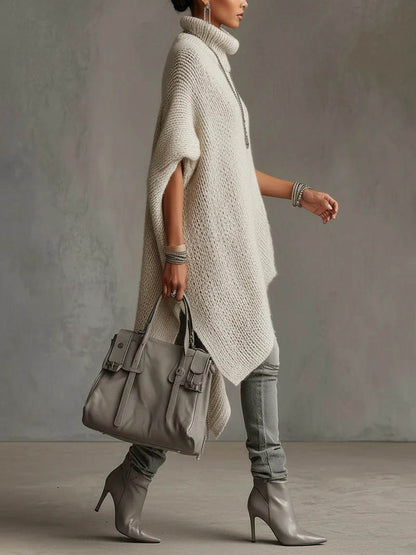 Asymmetrische Hem Hoge Hals Brei Midi Jurk