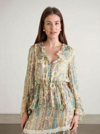 Exquise Paisley Print Shirt En Rok Twee-delige Set