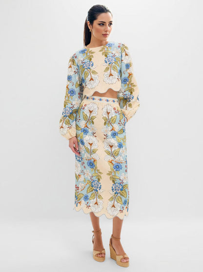 Retro Bloemen Geborduurd Crop Top & Midi Rok Twee-Delige Set
