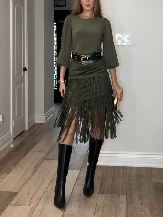 Elegante Hoge Taille Franje Rok Twee-delige Set