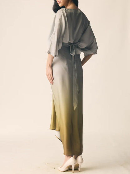 Elegante Gradient Draped Top En Geplooide Lange Rok Twee-delige Set