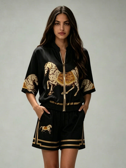 Exquise Satijnen Paardenprint Zip-Up Shirt & Shorts Set