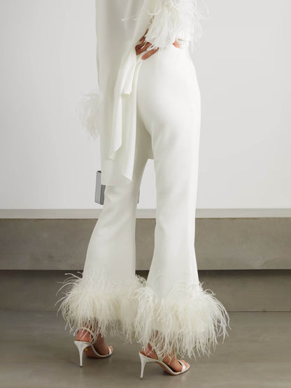 Elegante Satijnen Broek met Veerafwerking met Wijde Pijpen