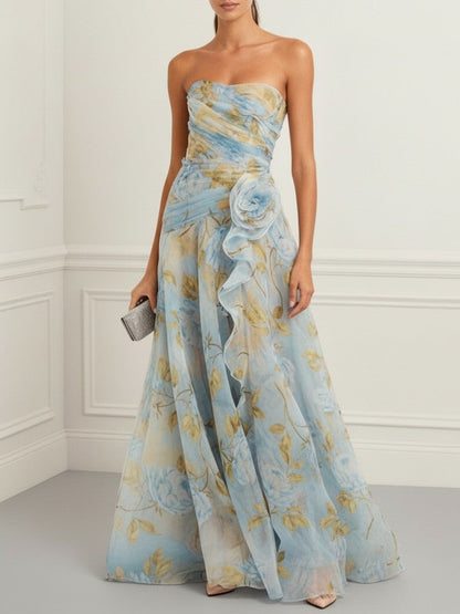 Elegante Strapless Bloemenprint Chiffon Maxi Jurk