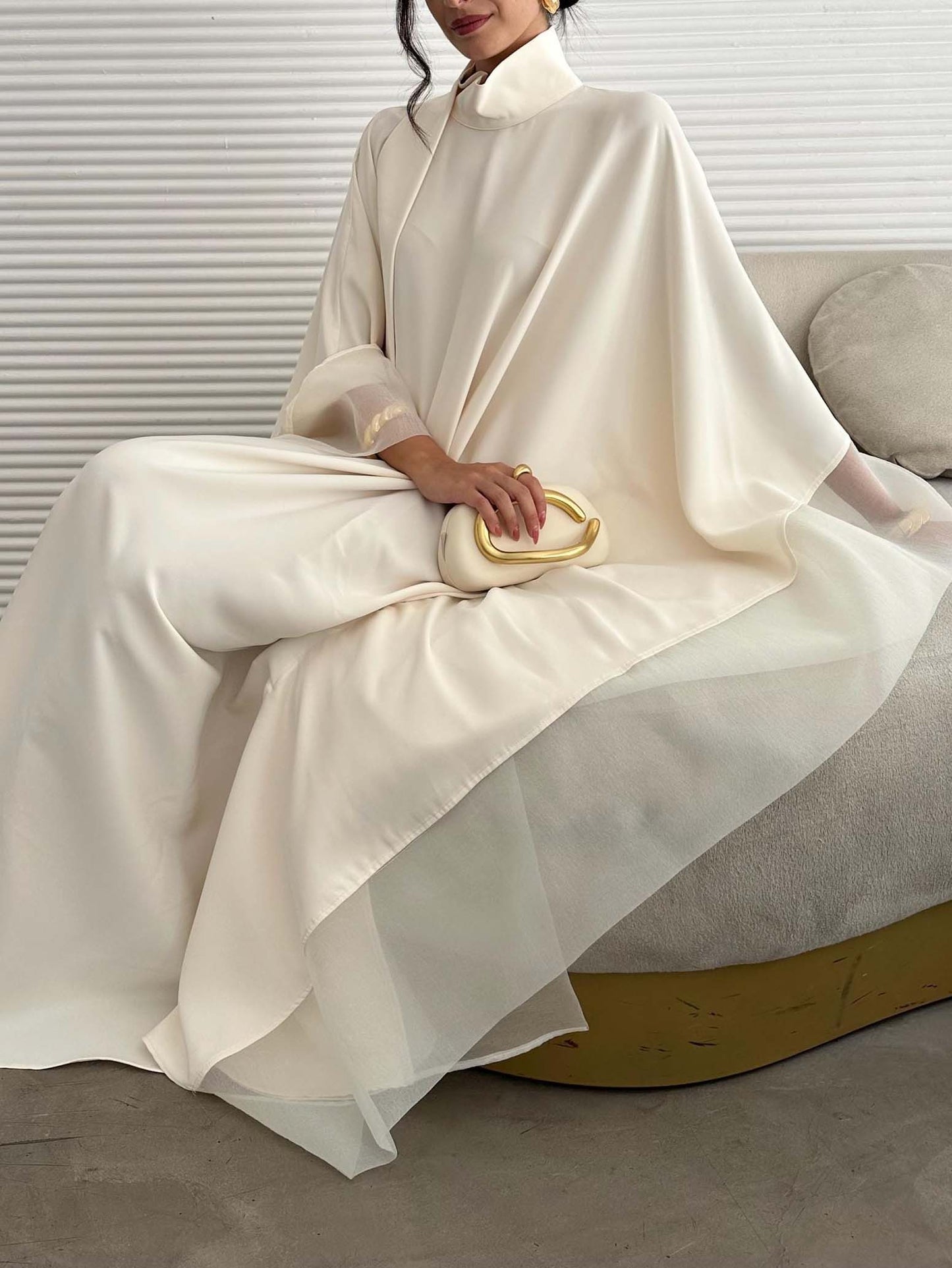 Elegant Hoge Hals Vloeiende Cape Maxi Jurk