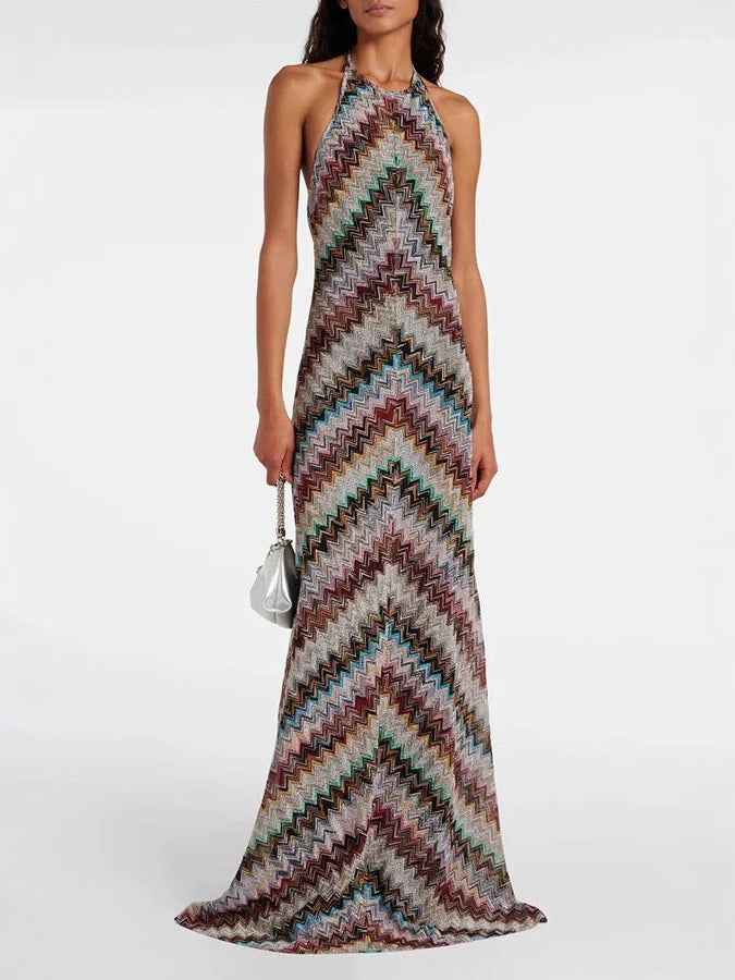 Casual Kleurrijke Gestreepte Gebreide Halter Maxi Jurk