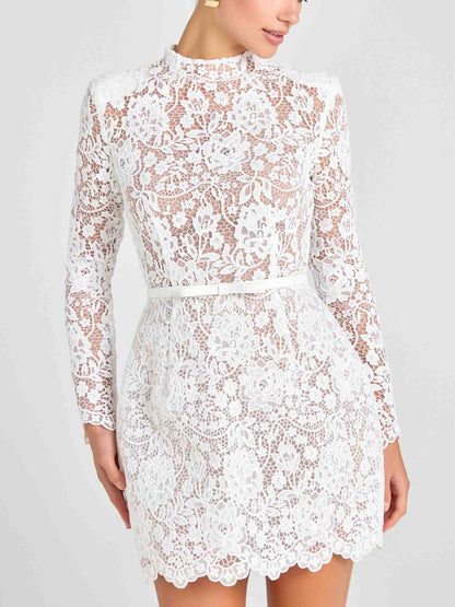 Elegante Bloemenkant Lange Mouw Cut-out Mini Jurk
