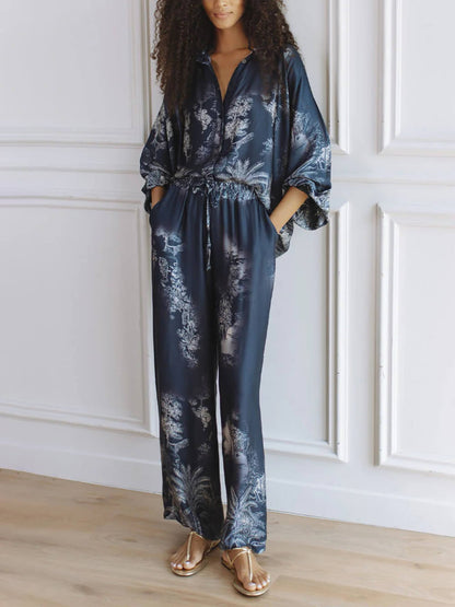 Unieke Marineblauwe Bloemenprint Losse Top met Elastische Taille en Brede Pantalon Set