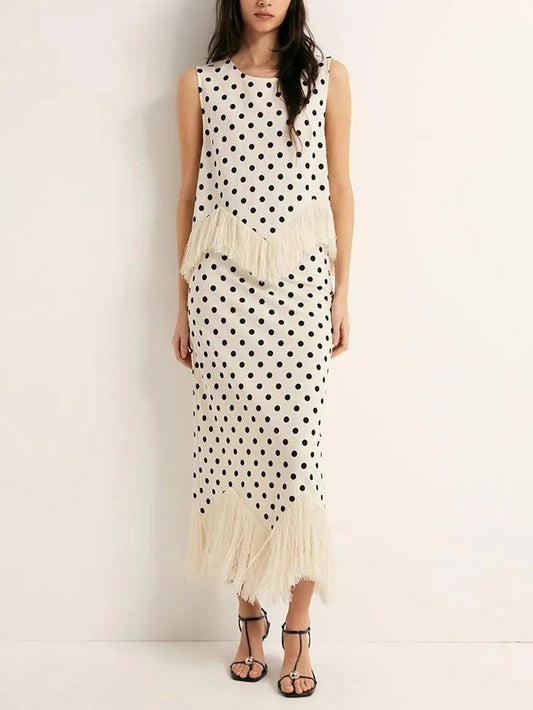 Elegante Polka Dot Fringed Asymmetrische Rok Twee-Delige Set