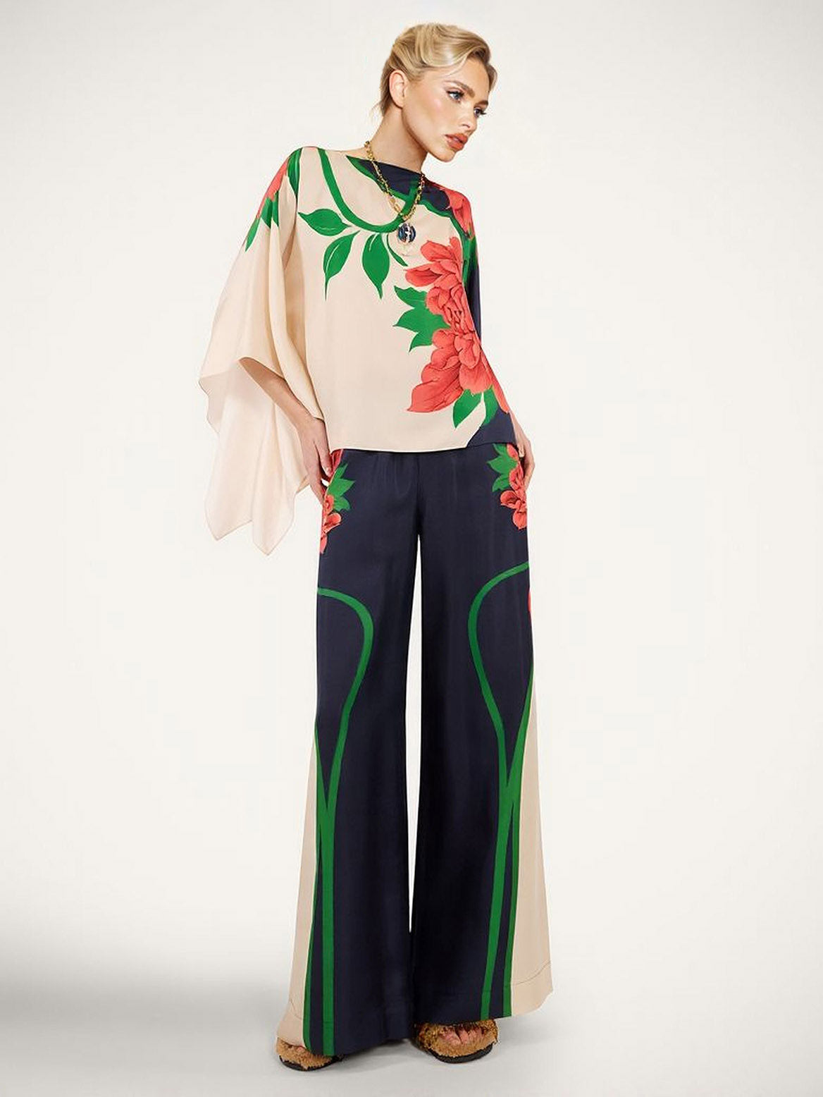 Paisley Print Asymmetrische Mouw Shirt & Brede Pantalon Twee-delige Set