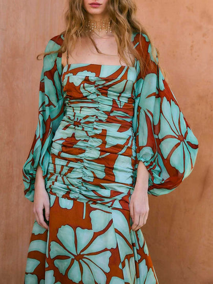 Bohemian Tropisch Bladprint Satijnen Maxi Jurk Twee-Delige Set