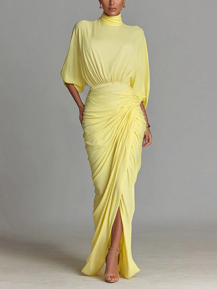 Elegante Hoge Hals Halve Mouw Geplooide Maxi Jurk