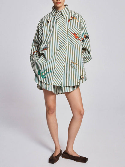 Unieke Gestreepte Print Knoopshirt met Lange Mouwen en Elastische Taille Met Koordshorts Set