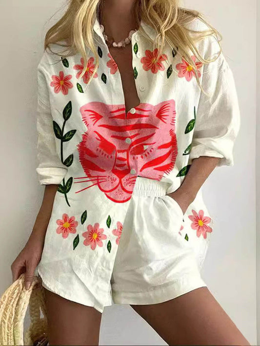Mode Uniek Print Lange Mouwen Shirt En Shorts Set