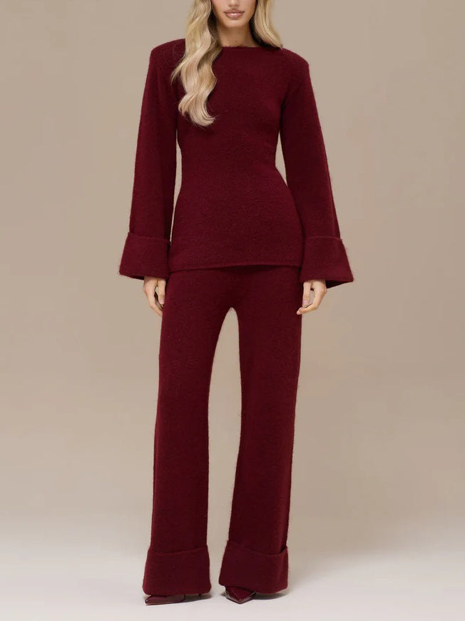 Elegante Flared Mouw Gebreide Top En Broek Tweedelige Set