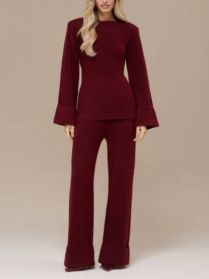 Elegante Flared Mouw Gebreide Top En Broek Twee-delige Set