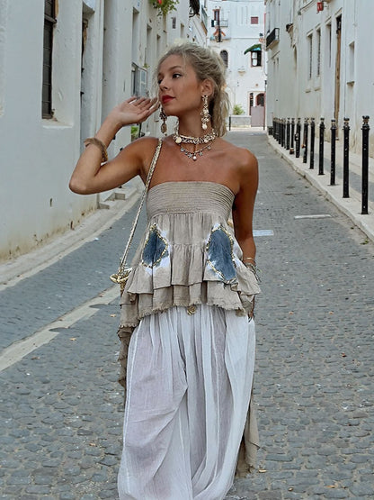 Bohemian Stijl Gelaagd Rimpel Strapless Twee-delig Set