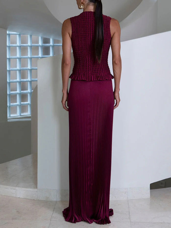Elegante Mouwloze Plissé Vestrok Twee-Delige Set