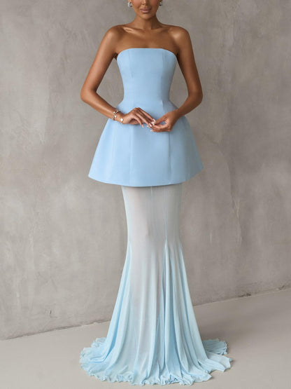 Elegante Off-the-shoulder Top En Mesh Doorzichtige Fishtail Rok Twee-delige Set