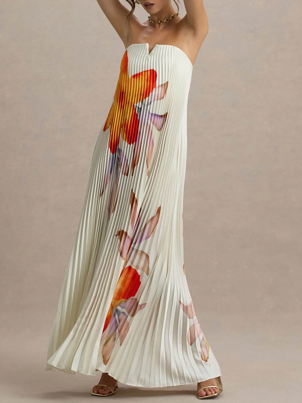 Elegante Sweetheart Oranje Bloemenprint Plissé Maxi Jurk