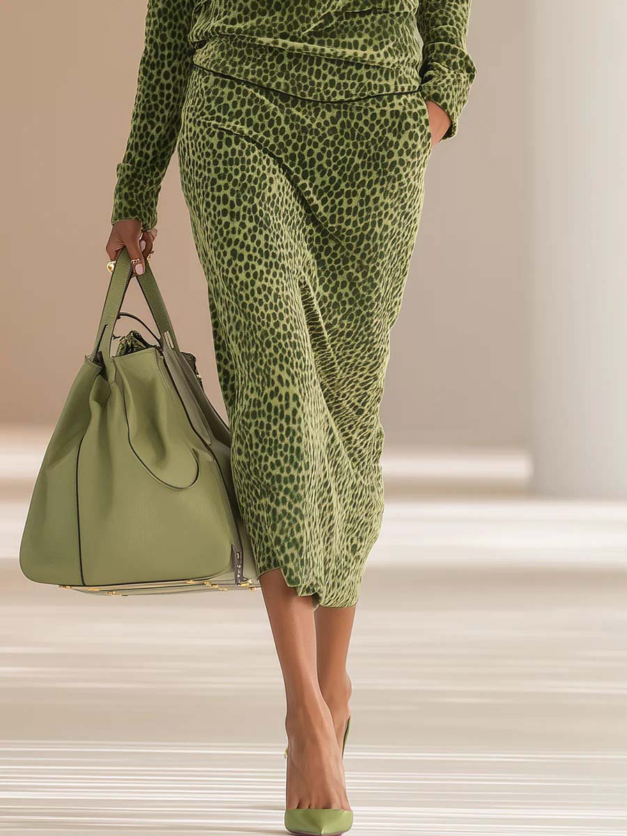 Casual Leeuwenhuid Half-Zip Top & Midi Rok Twee-delige Set