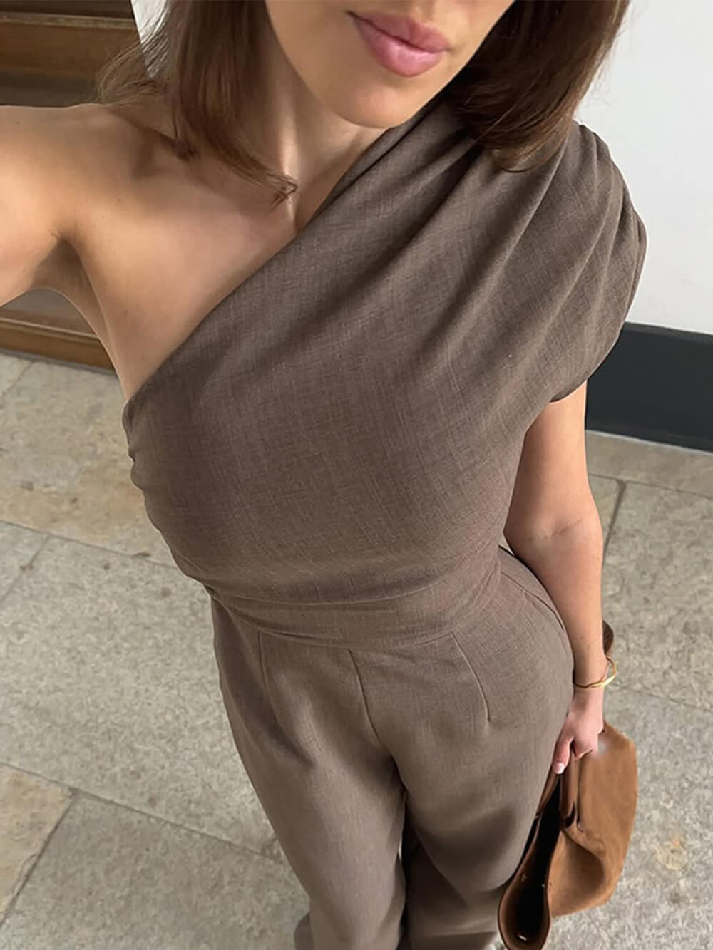 Elegante Asymmetrische One-Shoulder Rimpel Jumpsuit